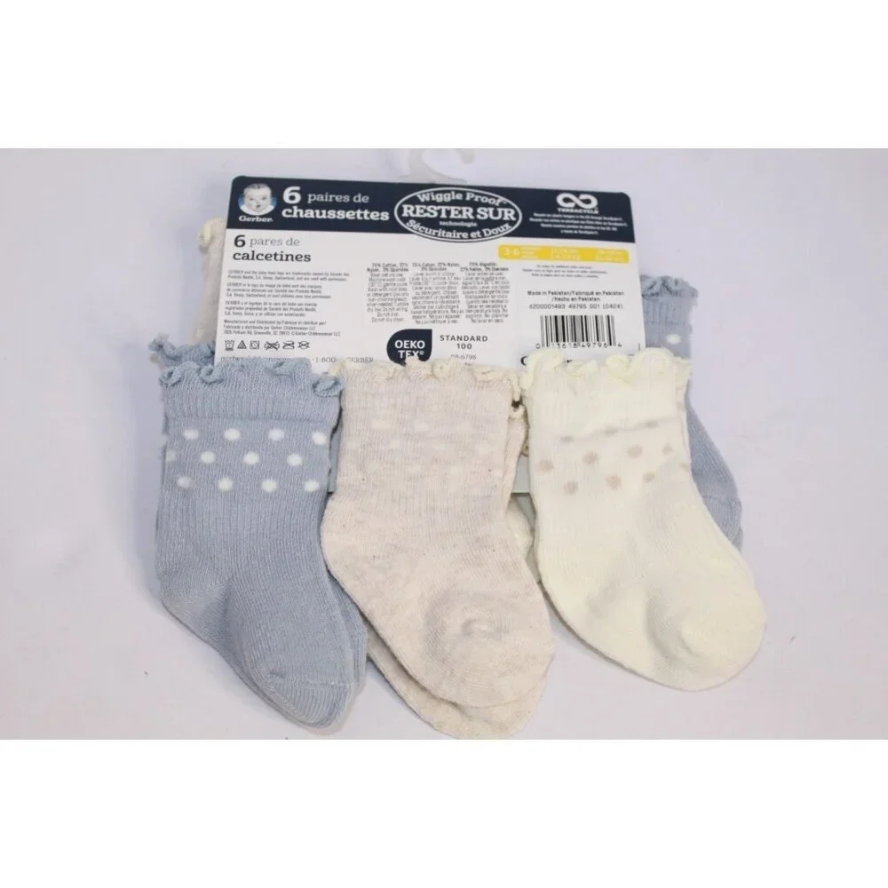 Gerber Wiggle Proof‎ Stay On Infant Bootie Socks 0-3 Months Beige Blue 6 Pack